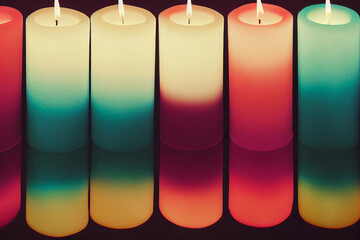 Beautiful colorful candles in dark room