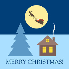 Santa Claus in his sleigh flies in front of the full moon over the house and the Christmas tree. Vector illustration with copy space.