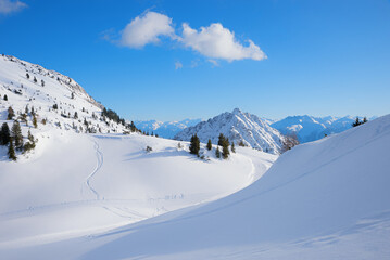 Fototapeta na wymiar dreamy winter landscape with snow covered slope, ski resort Rofan alps