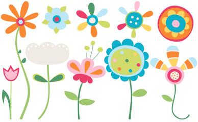 Hand-drawn set of colorful flowers