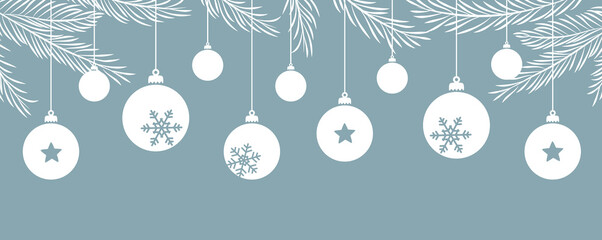merry christmas card with hanging ball decoratoin and fir branches