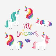 set of colorful rainbow unicorns