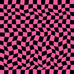 Wavy chess board vector seamless pattern. Black and pink check board background.
