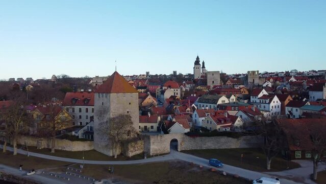 Visby, Sweden: Aerial drone footage of the Visby medieval old town in the Gotland island in the Baltic sea in Sweden. 