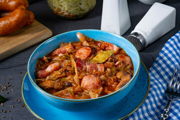 Polish bigos with sausage and mushrooms.