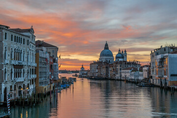 Sunrise  over the Grand Canal, in Venice, Italy, looking towards the majestic Basilica di Santa Maria della Salute