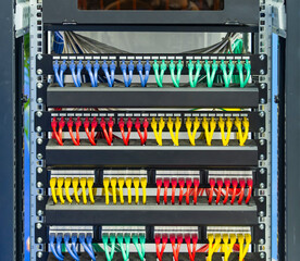 Network cables in switch and firewall in cloud computing data center server rack