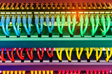 Network cables in switch and firewall in cloud computing data center server rack