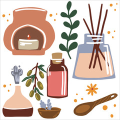 Illustration of aromatherapy and essential oils. Incense sticks, candles and herbs.