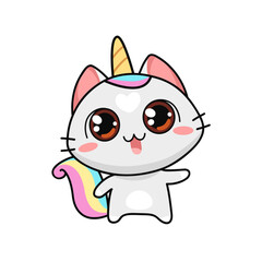 Cute Kitten Unicorn with rainbow tail - kawaii style vector illustration. Baby Cat Unicorn cartoon character isolated on white. Kids tee print design
