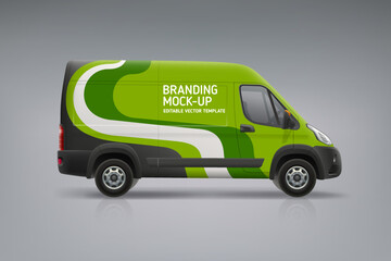 Realistic Van mockup with  branding design. Wrap, sticker and decal design for company. Abstract green stripes graphics on corporate vehicle. Branding on business transport. Editable vector