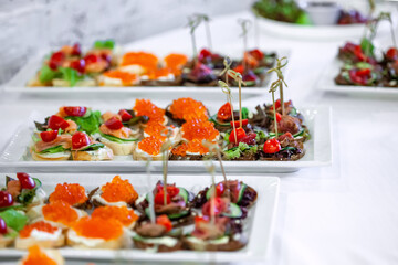 Celebration Party Concept. Food on the party. Decorated catering banquet table with different food snacks and appetizers with sandwich. Cuisine сulinary buffet dinner catering dining food.
