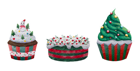 Christmas cake and cupcake watercolor isolated illustration hand drawn painting. Christmas cake decorated with red fruit and green leaves, Christmas tree on cupcake painting for sticker and printing.