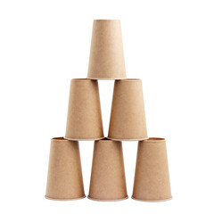 Six paper cups in the shape of a pyramid, on a white background.
