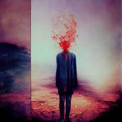 Human with exploding head on barren background. Abstract illustration.