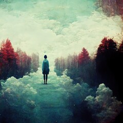 Person walking on clouds with mysterious autumn landscape. Surrealism painting. 