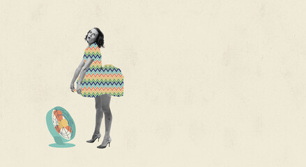 Contemporary art collage. Creative design in retro style. Young beautiful woman standing near fan...
