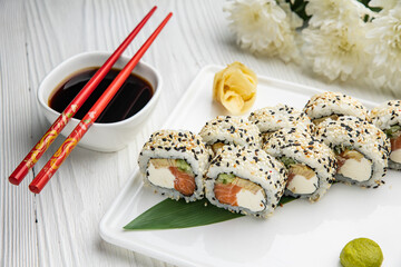 Delicious sushi, rolls with salmon. Japanese cuisine
