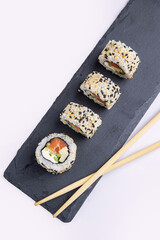 Delicious sushi, rolls with salmon. Japanese cuisine
