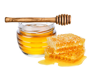 Honey isolated on white or transparent background. Jar with honey, honeycomb and honey dipper.