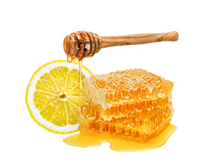 Lemon and honey isolated on white or transparent background. Natural remedy for cold and flu.