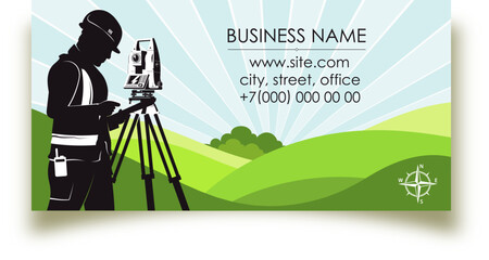 Business card for engineer surveyor concept, carrying out geodetic and cadastral works - obrazy, fototapety, plakaty