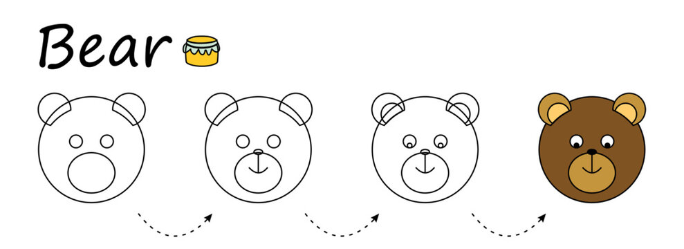 Kid coloring worksheet, Step by step drawing bear. Easy educational game for preschool children