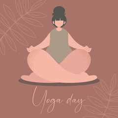Vector flat illustration. The girl is doing yoga. International Yoga Day. Square postcard, poster. Pastel colors.