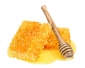 Honey isolated on white or transparent background.  Honeycomb and honey dipper with puddle of honey.