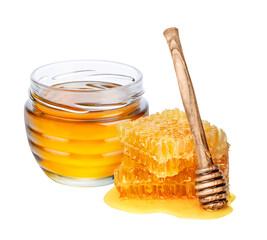 Honey isolated on white or transparent background. Jar with honey, honeycomb and honey dipper.