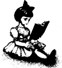 Young girl reading and studying, sitting with a large book, reading. Bow in her hair, black and white hand drawn illustration.