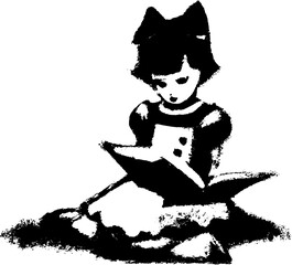 Young girl sitting with a large book, reading. Bow in her hair, black and white hand drawn illustration.