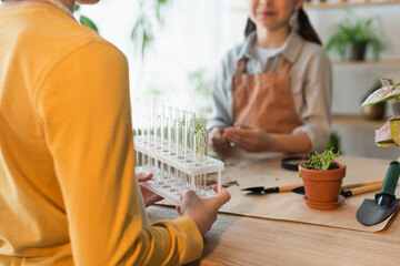 Cropped view of boy holding test tubes with plants near gardening tools and blurred friend at home.