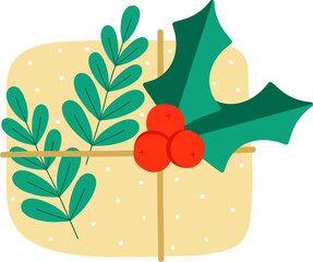 Christmas present with Holly and twigs. Christmas leaves, traditional plant. The box is tied with ribbon. Green leaves and red berries. Symbol of the New Year. Design for cards, stickers, icons, decor
