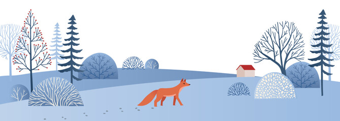 Vector illustration - winter background with trees, fir-tree and bushes in snow. Fairytale in flat style with gradient. Blue forest and orange fox. Perfect for advertise, home decor, banners, cards