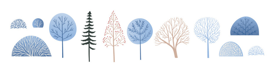Vector illustration - set of winter trees, fir-tree and bush in snow. Winter fairytale florals in flat style with gradient. Blue forest. Perfect for advertise, home decor, banners, cards