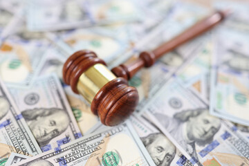 Judge gavel and pile of money banknotes