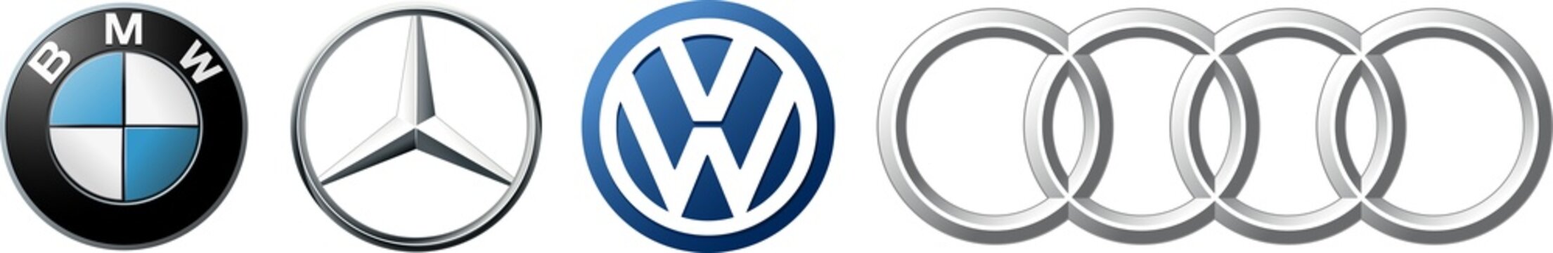 Logo of cars brand set: Volkswagen, bmw, mercedes, audi. Realistic logo of popular brands of cars on transparent background. Automotive industry leaders. PNG image