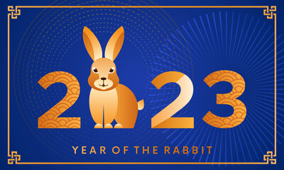 Chinese new year 2023 year of the rabbit or hare. Funny rabbit character. greeting card on traditional asian background.
