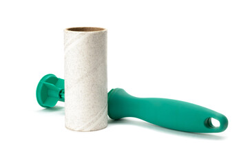 dirty clothes roller with green handle on white background