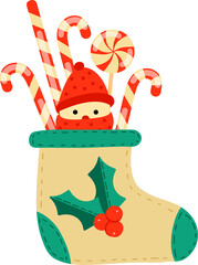 Christmas red sock, boots with a snowman and sweets inside. Holly plants. Symbol of the new year. Design for jewelry, gifts, cards, decor. Isolated. Vector.
