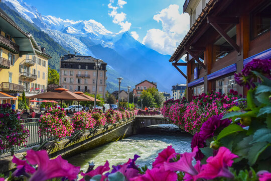 CHAMONIX, FRANCE. View of the  Arve river and Mont-Blanc massif from the centre of Chamonix .