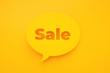 speech bubble with inscription sale over yellow background, 3d render