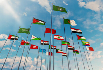 the flags of the 22 Arab countries ripple in the sky with the flag of the League of Arab States