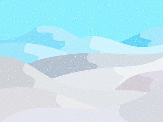 Winter landscape with snowy hills. Mountain landscape in flat style, winter cold weather. View of the snowy hills. Design for posters, travel agencies and promotional items. Vector illustration