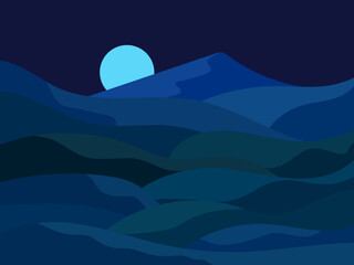 Night winter mountain landscape with moon. Mountain landscape with fir trees in a flat style. View of the snowy hills. Design for posters, travel agencies and promotional items. Vector illustration