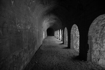Tunnel on the way towards Cajon del Maipo, in Chile. Gray scale.