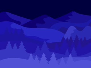 Nacht winter berglandschap. Berglandschap met kerstbomen in vlakke stijl. Uitzicht op de besneeuwde heuvels. Ontwerp voor posters, reisbureaus en promotionele artikelen. vector illustratie