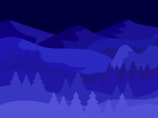  Night winter mountain landscape. Mountain landscape with christmas trees in flat style. View of the snowy hills. Design for posters, travel agencies and promotional items. Vector illustration © andyvi