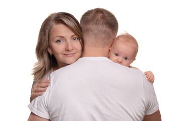 Man hugging his family. Baby boy and woman hugging father and husband. Back view of Happy family. White t-shirt for text.